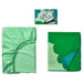 Green fitted sheet and green blanket with blue corner on a white background