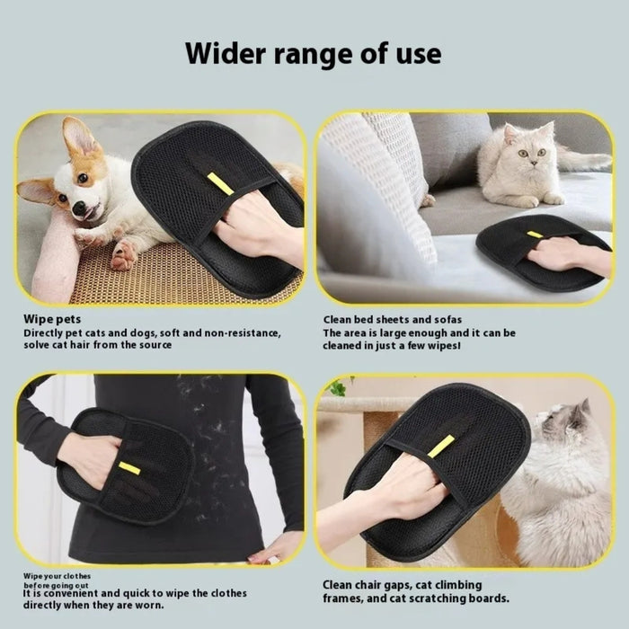 Black pet grooming tool with text on its uses for pets, bed sheets, and clothing.