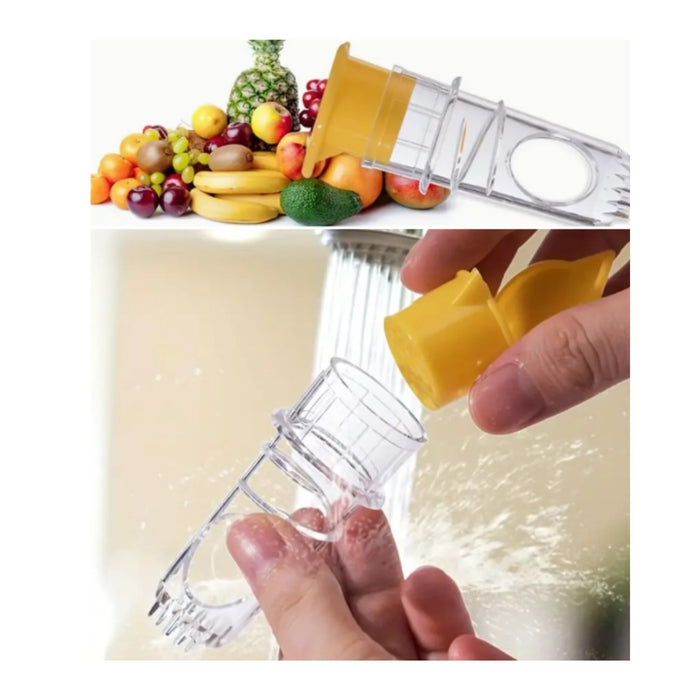 A clear plastic fruit/skewer holder with a yellow cap, shown with assorted fruits at the top and a hand rinsing the holder under running water at the bottom.