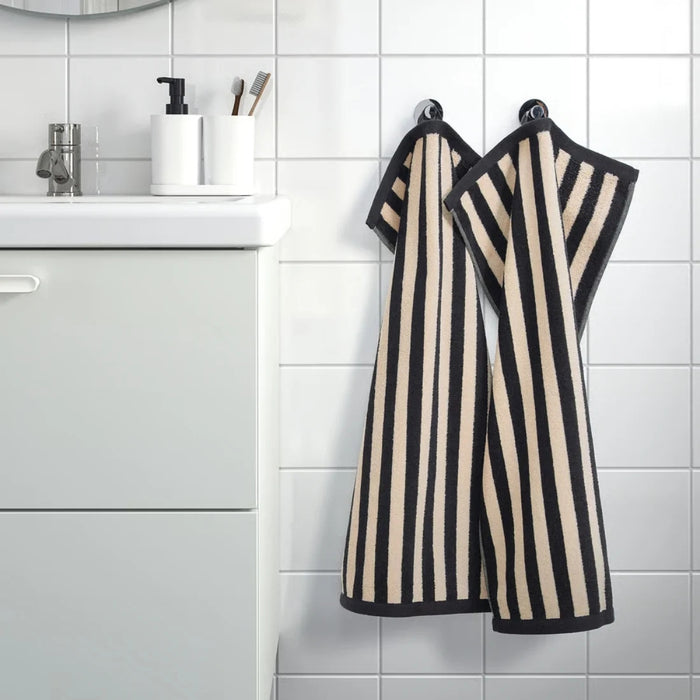 IKEA BROKGINST Bath Towel Black 70x140 cm with SLÅNHÖSTMAL Hand Towel Black Light Beige Striped 40x70 cm