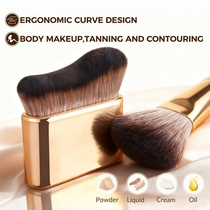 Ergonomic curved vegan makeup brush gold handle used for body contouring and foundation