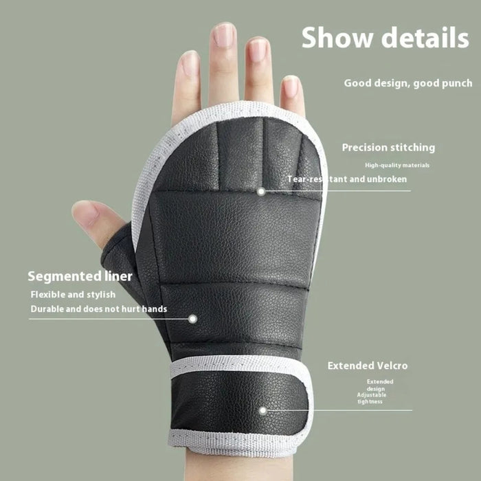 Black and gray wrist guard on a hand with feature text on a green background