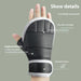 Black and gray wrist guard on a hand with feature text on a green background