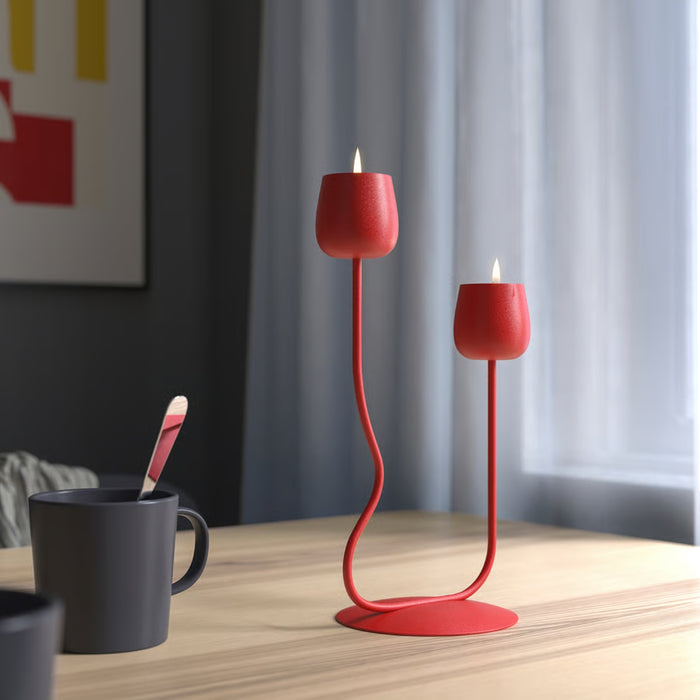IKEA SILVERPÄRON Candlestick/tealight holder, bright red, 29 cm (11 ") – elegant table setup with lit candles and cozy ambiance – 20574988