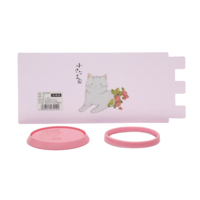 Pink stationery set with a cat illustration on a white background