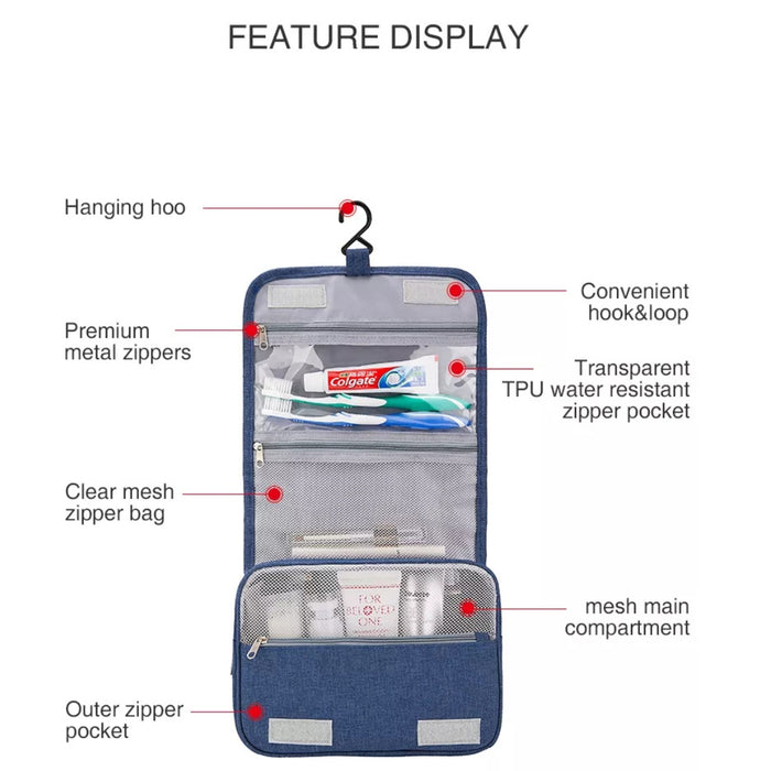 Travel storage waterproof bag, blue. Open view highlights hanging hook, mesh and TPU pockets, premium zippers, toothbrush and essentials – compact and organized – 13403615.