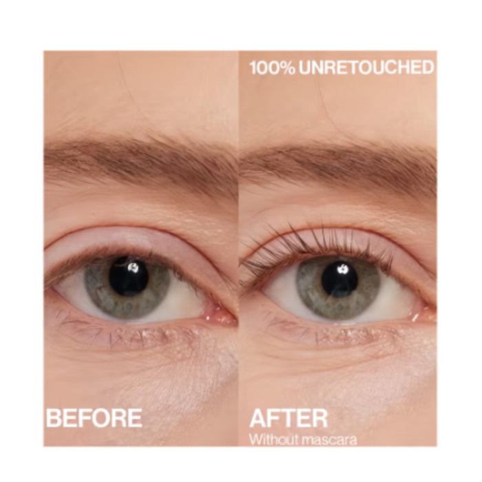 Before and after comparison of eye makeup with '100% Unretouched' text.