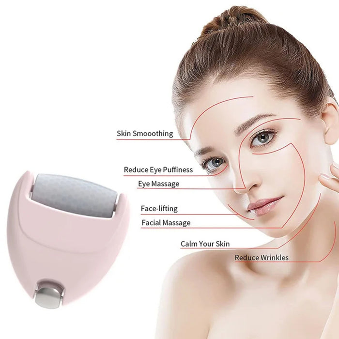 Heart-shaped ice roller – woman using facial roller with labeled benefits: puffiness reduction, wrinkle relief, face-lifting