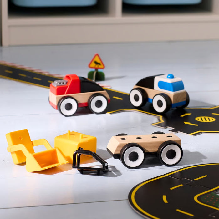 IKEA LILLABO 6-Piece Toy Vehicle Set: 3-Piece Train Set & 3-Piece Excavator/Police/Race Car Set