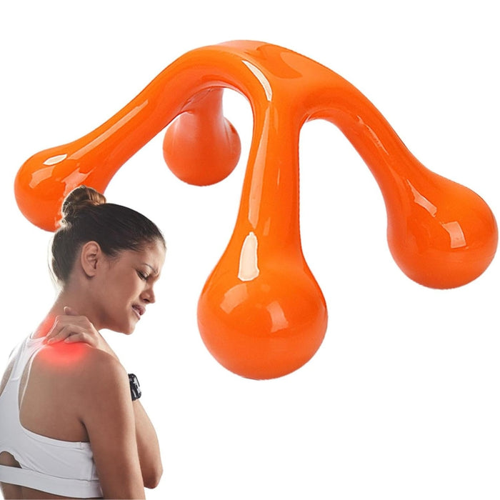 Digital Shoppy orange massage tool applied on shoulder with red glow highlighting muscle tension relief