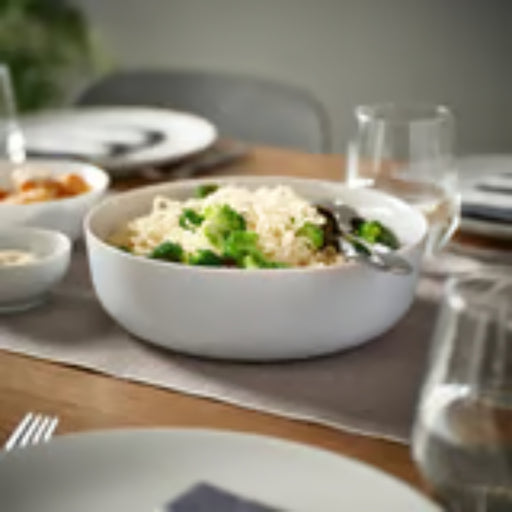 IKEA VITBLECKA serving bowl – light grey bowl filled with rice and herbs, placed on dining table with plates and glasses - 30610090