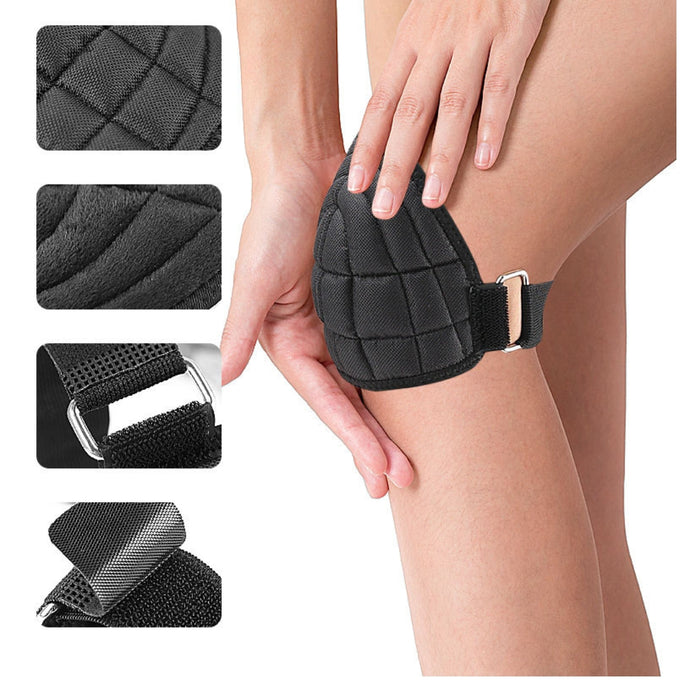 Black knee brace being worn on a person's knee with close-up insets of material texture and strap design.