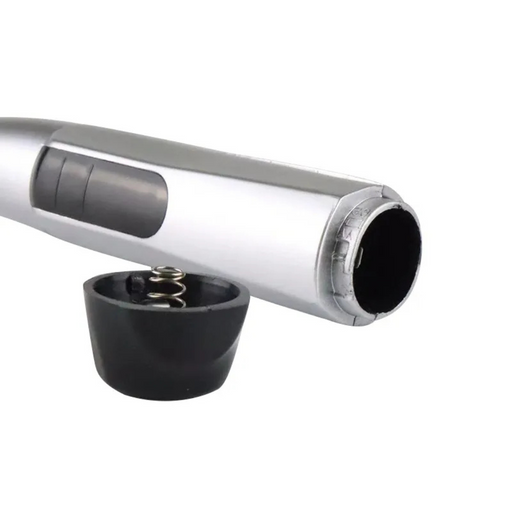 Close-up of a kitchen tool with a metallic handle and black base on a white background