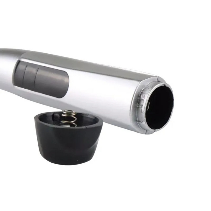 Close-up of a kitchen tool with a metallic handle and black base on a white background