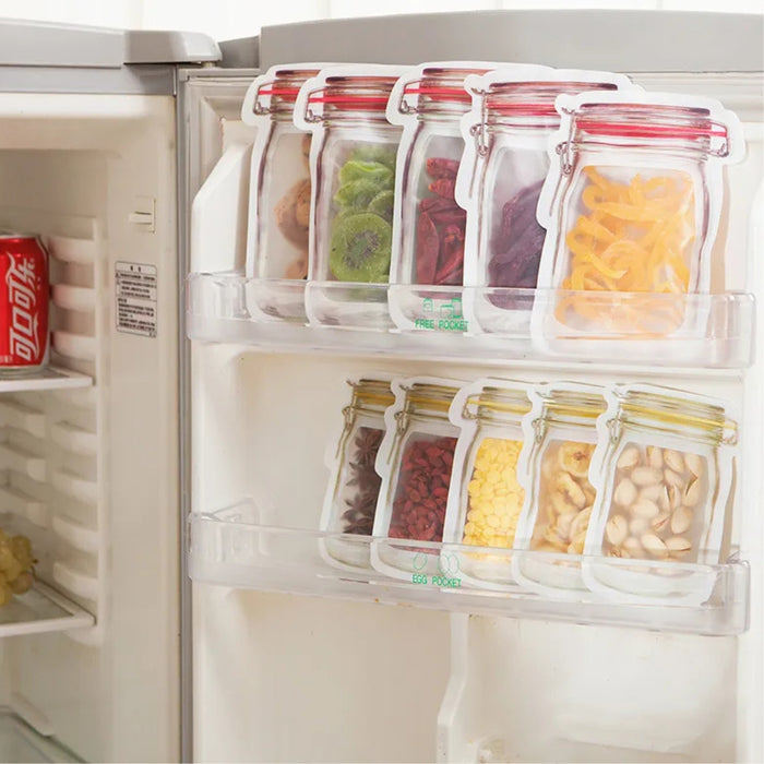 Digital Shoppy reusable snack bags – fridge door organized with dried fruits, nuts, mushrooms, and garlic