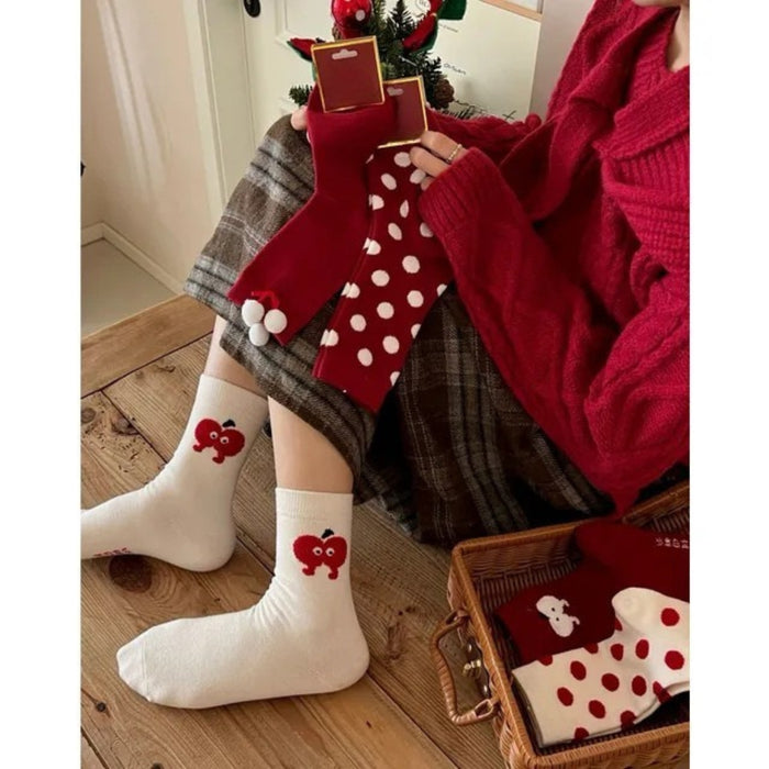 Digital Shoppy 1 Pair Red Angora Polka Dot Mid-Calf Christmas Stockings - Soft & Festive Wear