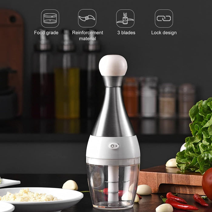 Product showcase highlighting features like food-grade material, reinforced construction, 3 sharp blades, and a secure lock design.