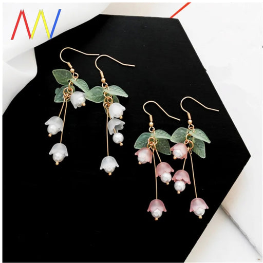Digital Shoppy Lily of the Valley earrings – floral drop earrings with translucent pink and white blossoms, gold hooks and stems

