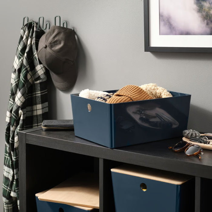 KUGGIS box used in entryway shelf, storing folded clothes and accessories like sunglasses, wallet, and keys