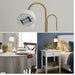 Collage of a gold floor lamp, table lamp, and bedside lamp in various settings.