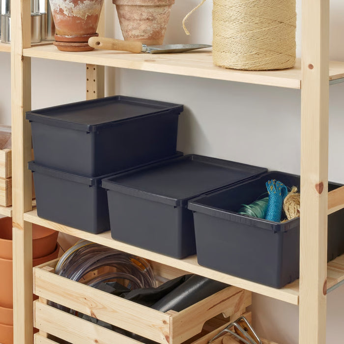 IKEA UPPSNOFSAD Storage box with lid black, 35x25x14 cm/9 l with VIKFJÄRD Washcloth, white, 30x30 cm