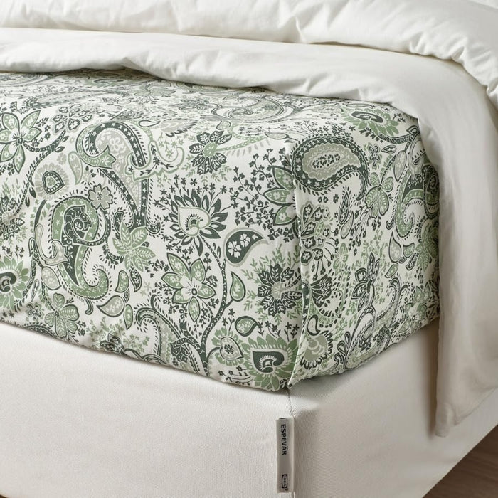 IKEA RODGERSIA Bedding Set: Green/White Flat Sheet (150x260cm) & Matching Pillowcase