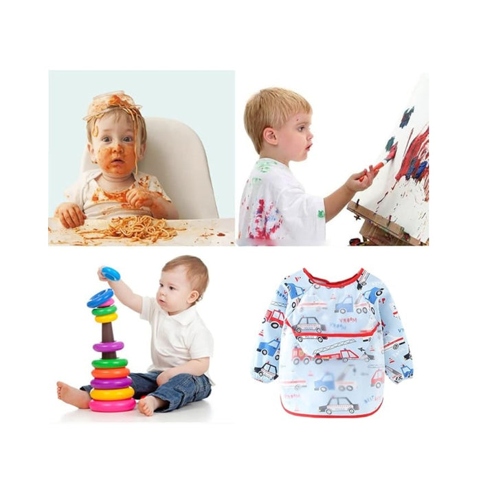 Collage of children playing with colorful toys and a baby wearing a long-sleeve bib with car designs.