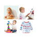 Collage of children playing with colorful toys and a baby wearing a long-sleeve bib with car designs.