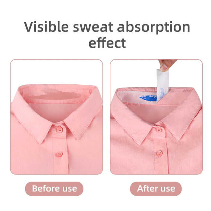 Comparison graphic titled "Visible sweat absorption effect" showing a sweat-stained collar "Before use" and a clean collar with the protector tape "After use.