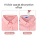 Comparison graphic titled "Visible sweat absorption effect" showing a sweat-stained collar "Before use" and a clean collar with the protector tape "After use.