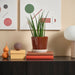 “Durable 12 cm plant pot with saucer in red-brown light beige, displayed on a balcony with herbs and small flowers.”

