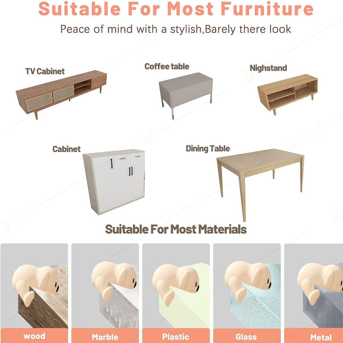 Promotional visual showcasing compatibility of a product with a wide range of furniture and materials. The upper section displays labeled illustrations of household items—TV cabinet, coffee table, nightstand, cabinet, and dining table—alongside the text “Suitable For Most Furniture” and the tagline “Peace of mind with a stylish, Barely there look.” The lower section demonstrates the product’s adhesion on various surfaces—wood, marble, plastic, glass, and metal—reinforcing its broad usability -1600001888980 