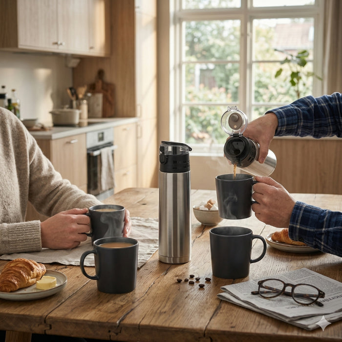 IKEA Drinkware Set - BÅGCIKLID Stainless Steel Vacuum Flask (1L, Silver) & DINERA Dark Grey Ceramic Mugs (4-Pack, 30cl)