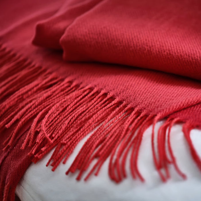 Close-up of red woven throw with detailed fringe, highlighting cozy fabric and rich seasonal tone