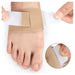 Beige foot strap being applied to a foot with a close-up of the adhesive on a white background.