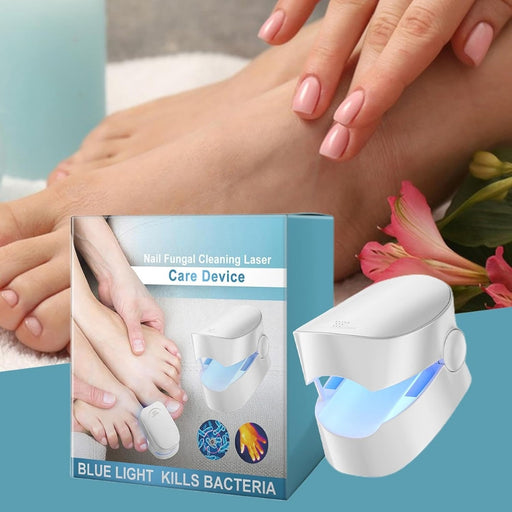 Feet beside product box labeled “Nail Fungal Cleaning Laser Care Device,” highlighting blue light antibacterial action