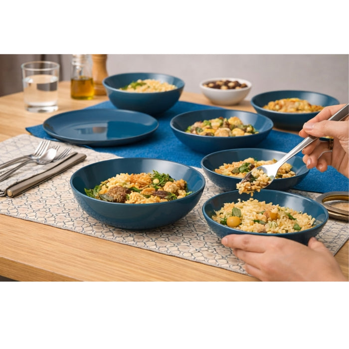 IKEA Dark Turquoise Dining Set: 8-Piece FÄRGKLAR Glossy Plates & Bowls with UTBYTT Table Runner