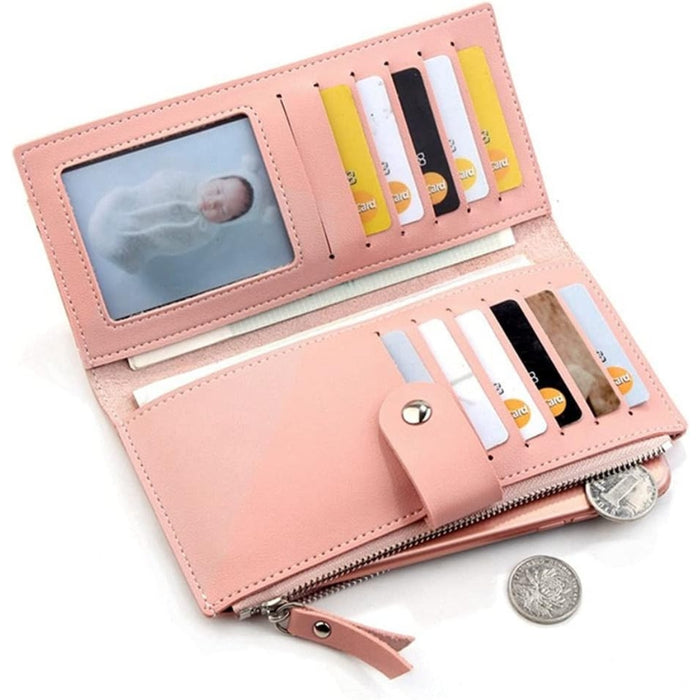 Open pink wallet showing 12 card slots, baby photo ID slot, coin pocket, and snap strap – organized multifunctional design – 1598446067672