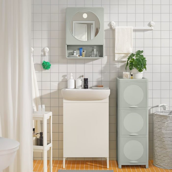 IVÖSJÖN mirror cabinet with 1 door, green, 44x15x59 cm. Circular mirror with shelf, ideal for storing toiletries in compact bathrooms – 20573173.