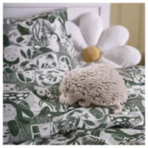 IKEA SKOGSDUVA soft toy – hedgehog plush on forest-themed bedding with flower pillow and nature illustrations - 70576904

