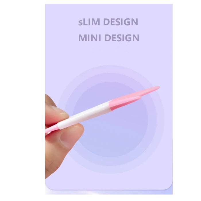 Hand holding a pink and white slim design mini design product against a purple background