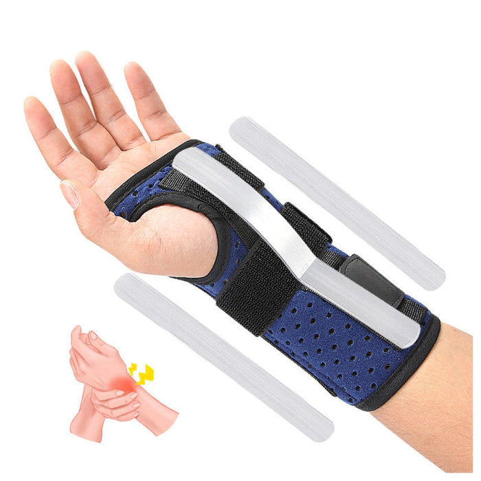 Hand with blue wrist support brace on a white background
