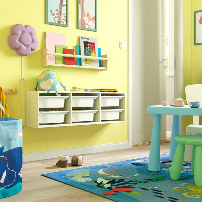 IKEA TROFAST Wall storage, white/white, 99x21x30 cm (39x8 1/4x11 3/4 ") with  6 x Storage box, white, 20x30x10 cm (7 ¾x11 ¾x4 ")