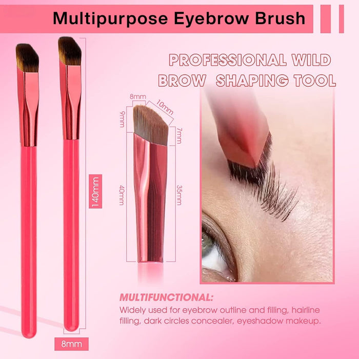 Red 3D angled eyebrow brush shown with labeled dimensions and usage guide – suitable for brow shaping, hairline filling, and eyeshadow blending – 1598453751840 14041847