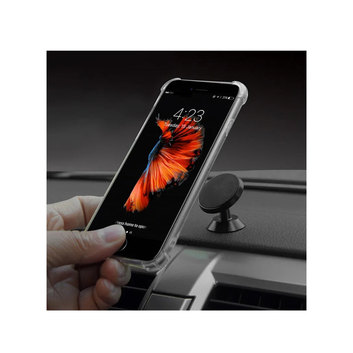 Smartphone with a colorful butterfly display held by a hand, with a car mount in the background.