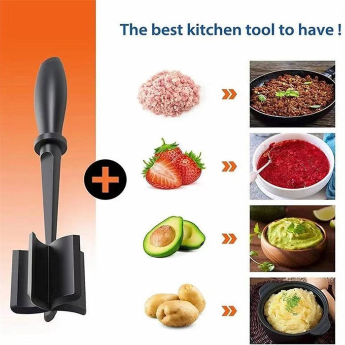 Black kitchen tool with images of food preparation steps on a gradient background