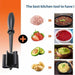 Black kitchen tool with images of food preparation steps on a gradient background
