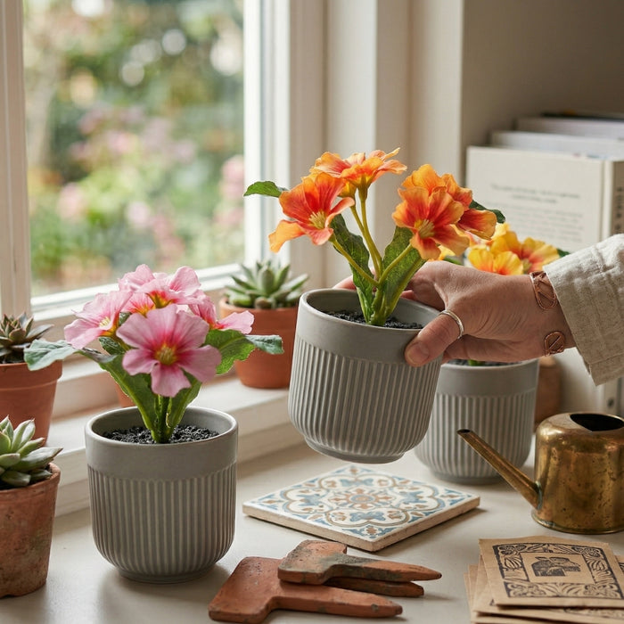 IKEA Artificial Greenery Set - FEJKA Mixed Primrose Potted Plants (6cm) & GRADVIS Grey Ceramic Plant Pots (3-Pack)