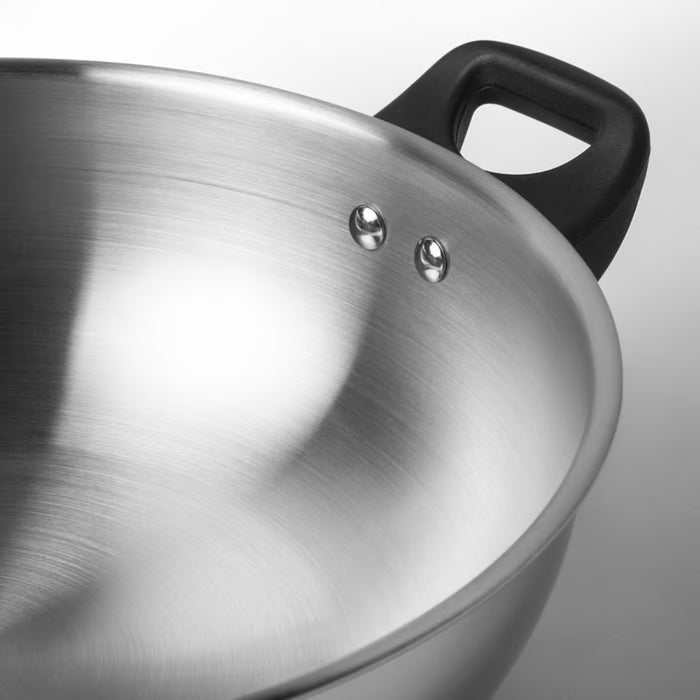 IKEA GULDSPARID Kadai wok with lid, 30 cm (12 "), close-up of brushed metal interior and riveted handle - 00601445