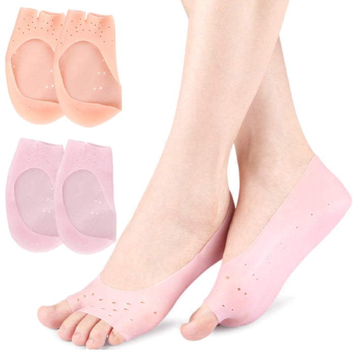  silicone foot sleeves in pink and Skin colours displayed together